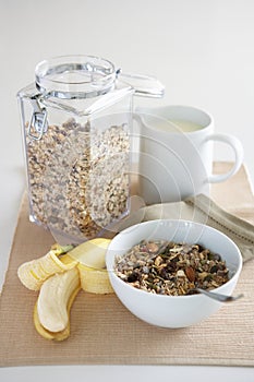 A table setting of breakfast foods