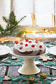 Table setting with chocolate cake