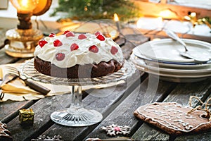 Table setting with chocolate cake