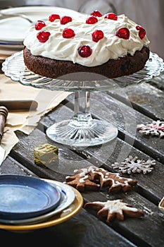 Table setting with chocolate cake