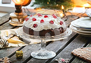 Table setting with chocolate cake