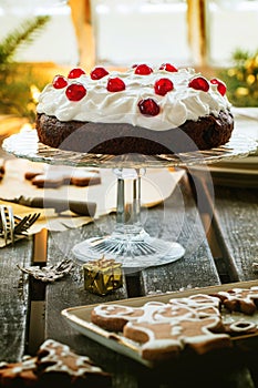 Table setting with chocolate cake