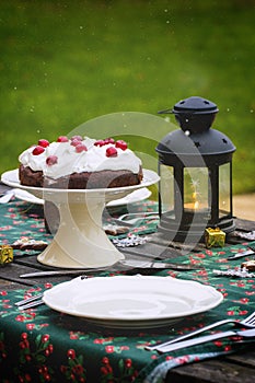 Table setting with chocolate cake