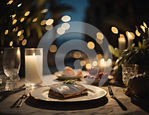 Table setting for christmas dinner on the beach. Selective focus. generative ai