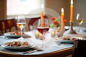 table setting with coq au vin, wine glasses, and candles