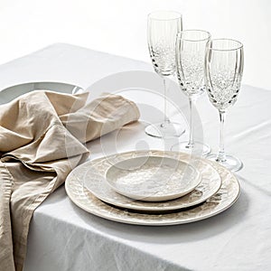 Table with crumpled plate and sparkling glasses isolated on white background