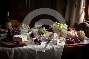 table setting, with crusty baguettes, brie cheese and grapes