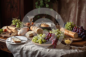 table setting, with crusty baguettes, brie cheese and grapes