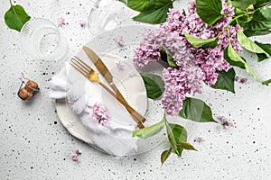 table setting dinner with lilac flower. Summer celebration, wedding greeting card, invitation concept