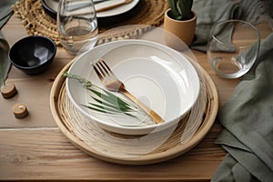 table setting with eco-friendly dinnerware and silverware