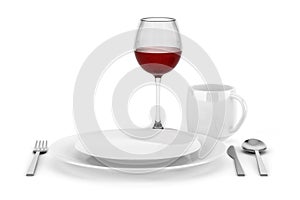 Table setting with glass of red wine isolated