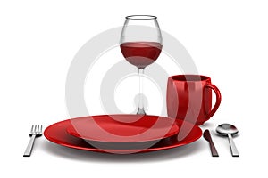 Table setting with glass of red wine isolated on white