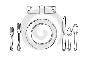 Table setting isolated on a white background. Serving in doodle style with plate, forks, spoons, knife and napkin
