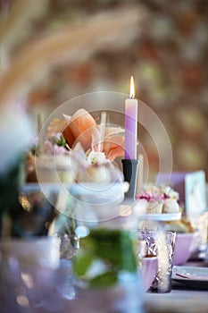 Table setting at a luxury wedding or party, babyshower, birthday and Beautiful flowers, cake,candles decortation on the