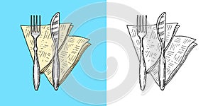 Table setting. Napkin, fork and knife. Food tools. Hand drawn sketch in vintage doodle style.