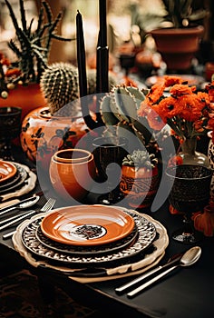 a table with plates and pots of flowers and plants