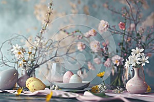 Table setting with pastel vintage style plates, blossom and easter eggs