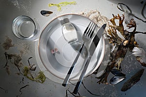 Table setting with plate, cutlery and a salt shaker among stranded goods like bladder wrack, shells and sand with dark harsh