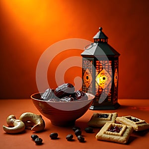 Ramadan iftar table setting with dates nuts and lantern