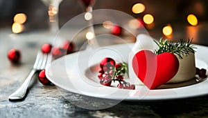 Table setting with red heart for festive dinner