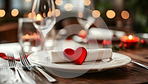 Table setting with red heart for festive dinner