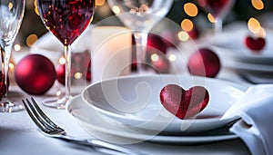 Table setting with red heart for festive dinner