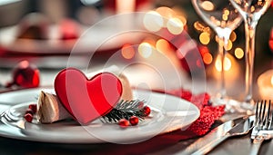 Table setting with red heart for festive dinner