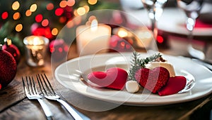 Table setting with red heart for festive dinner