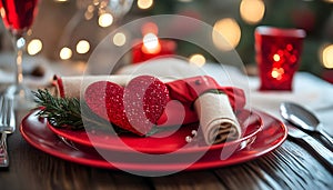 Table setting with red heart for festive dinner