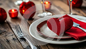 Table setting with red heart for festive dinner