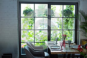 Restaurant, lunch time. Dinner table6 big window to the garden.