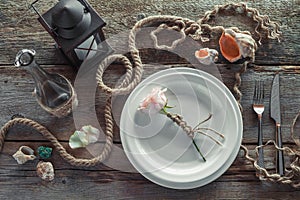 Table setting in retro style, top view.