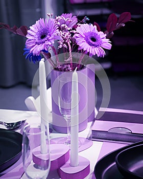 Table setting for a romantic dinner, a bouquet of pink gerbera flowers, white candles, a glass for celebration. Image toned in