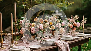 Table setting with rose flowers and candles for an event party or wedding reception in summer garden.
