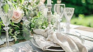 Table setting with rose flowers and candles for an event party or wedding reception in summer garden.