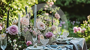 Table setting with rose flowers and candles for an event party or wedding reception in summer garden.