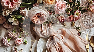 Table setting with rose flowers and candles for an event party or wedding reception in summer garden.