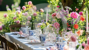 Table setting with rose flowers and candles for an event party or wedding reception in summer garden.