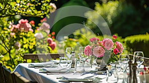 Table setting with rose flowers and candles for an event party or wedding reception in summer garden.