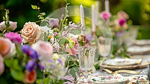 Table setting with rose flowers and candles for an event party or wedding reception in summer garden.