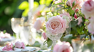 Table setting with rose flowers and candles for an event party or wedding reception in summer garden.