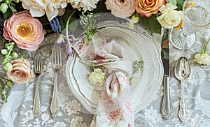 Table setting with rose flowers and candles for an event party or wedding reception in summer garden.