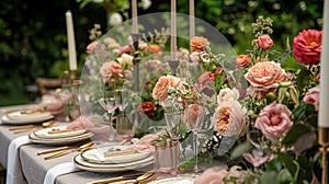 Table setting with rose flowers and candles for an event party or wedding reception in summer garden.