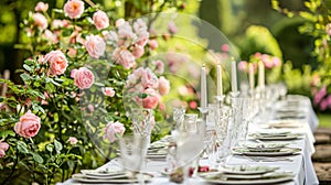 Table setting with rose flowers and candles for an event party or wedding reception in summer garden.