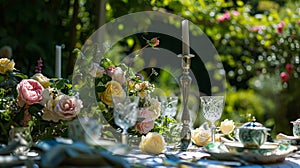 Table setting with rose flowers and candles for an event party or wedding reception in summer garden.