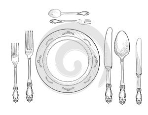 Table setting set. Fork, Knife, Spoon, plate sketch set. Cutlery