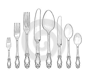 Table setting set. Fork, Knife, Spoon sketch set. Cutlery hand