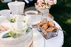 Table setting, tea party, closeup view on sweets