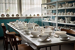 table setting with teacups and cake stands in bakery classroom