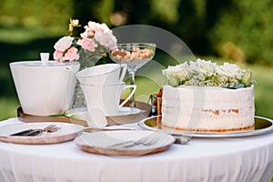 Table setting, teapot, teacups, cake, side view